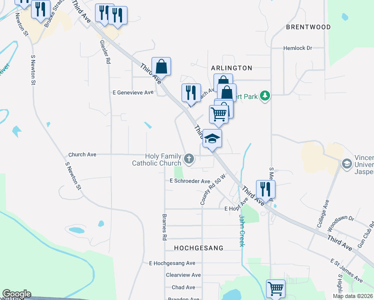 map of restaurants, bars, coffee shops, grocery stores, and more near 883 Church Avenue in Jasper