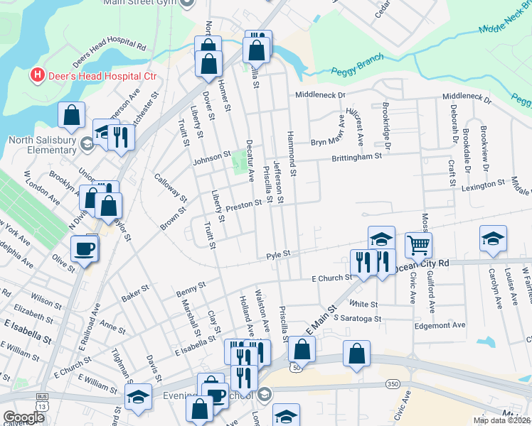 map of restaurants, bars, coffee shops, grocery stores, and more near 426 Priscilla Street in Salisbury