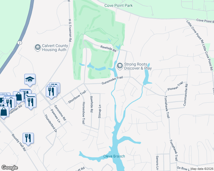 map of restaurants, bars, coffee shops, grocery stores, and more near 537 Gunsmoke Trail in Lusby