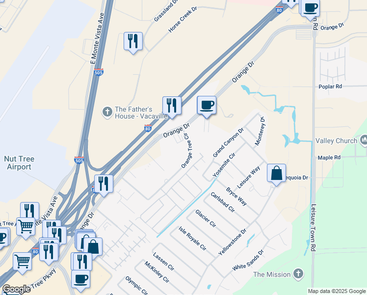 map of restaurants, bars, coffee shops, grocery stores, and more near 80 Orange Tree Circle in Vacaville