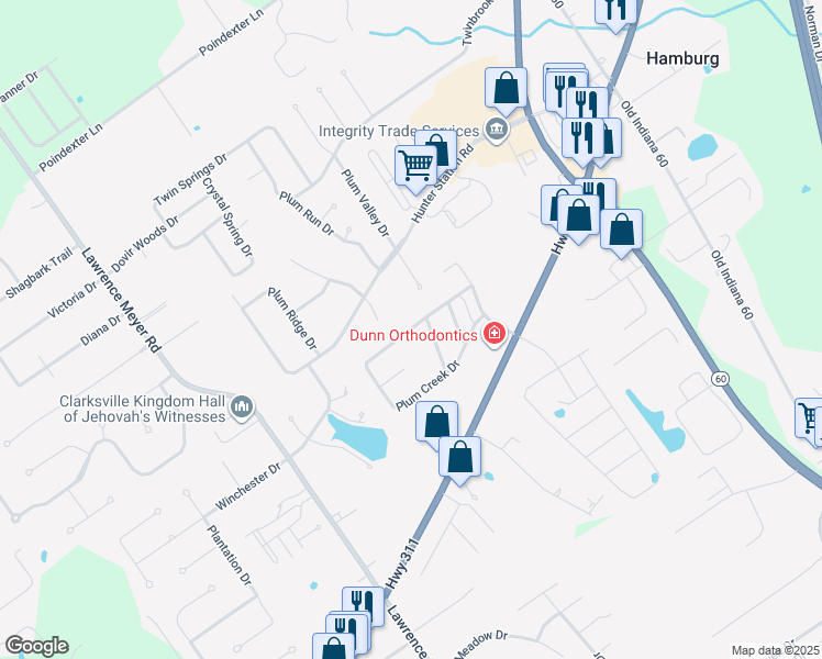 map of restaurants, bars, coffee shops, grocery stores, and more near Plum Creek Drive in Sellersburg