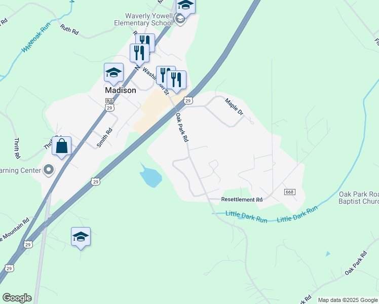 map of restaurants, bars, coffee shops, grocery stores, and more near 219 Oak Park Road in Madison