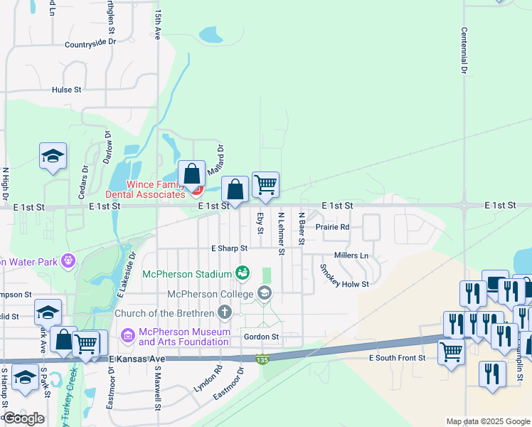 map of restaurants, bars, coffee shops, grocery stores, and more near 531 Eby Street in McPherson