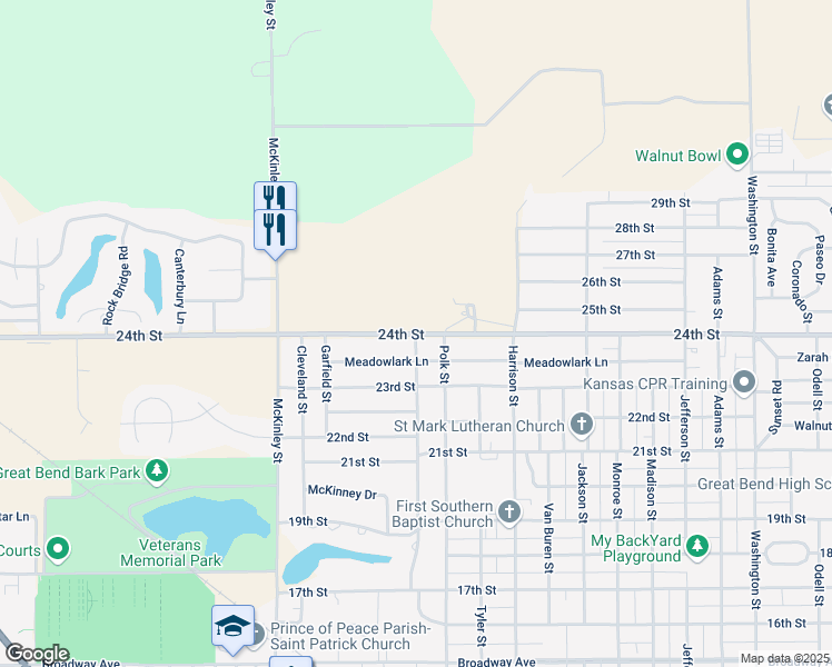 map of restaurants, bars, coffee shops, grocery stores, and more near 3601 24th Street in Great Bend