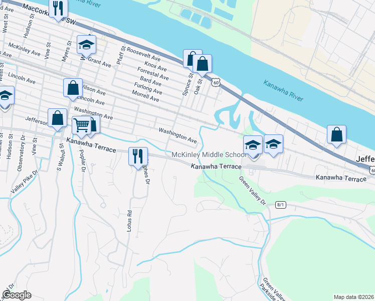 map of restaurants, bars, coffee shops, grocery stores, and more near 2848 Kanawha Terrace in St Albans