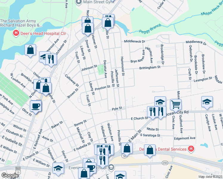 map of restaurants, bars, coffee shops, grocery stores, and more near 430 Priscilla Street in Salisbury
