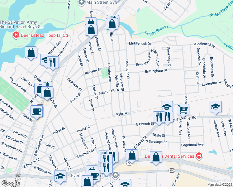 map of restaurants, bars, coffee shops, grocery stores, and more near 430 Priscilla Street in Salisbury