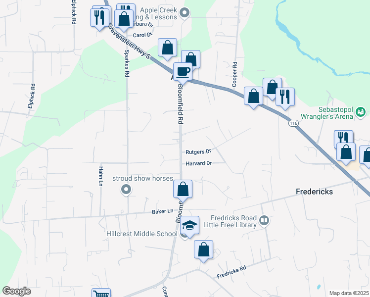 map of restaurants, bars, coffee shops, grocery stores, and more near 6748 Rutgers Drive in Sebastopol