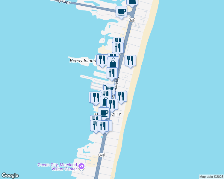 map of restaurants, bars, coffee shops, grocery stores, and more near 5101 Coastal Highway in Ocean City