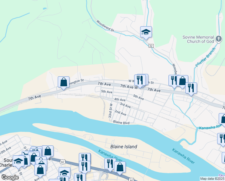 map of restaurants, bars, coffee shops, grocery stores, and more near 407 33rd Street West in Charleston
