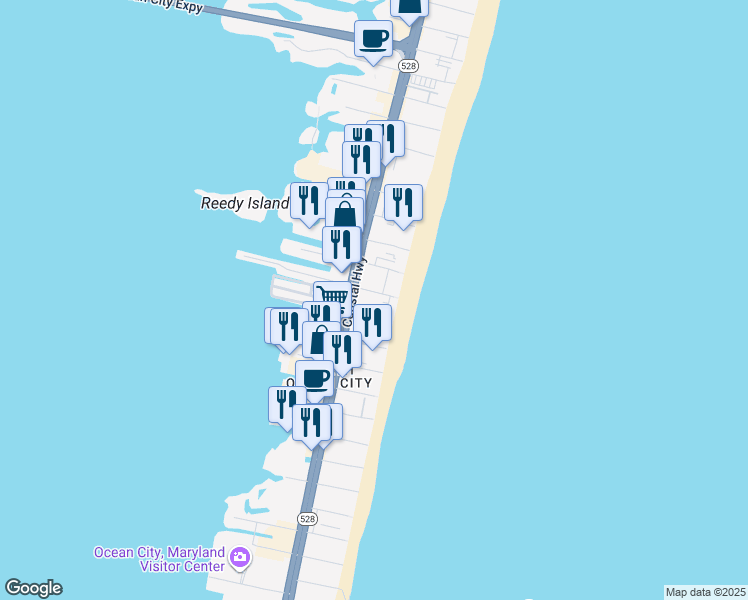 map of restaurants, bars, coffee shops, grocery stores, and more near 5103 Atlantic Avenue in Ocean City