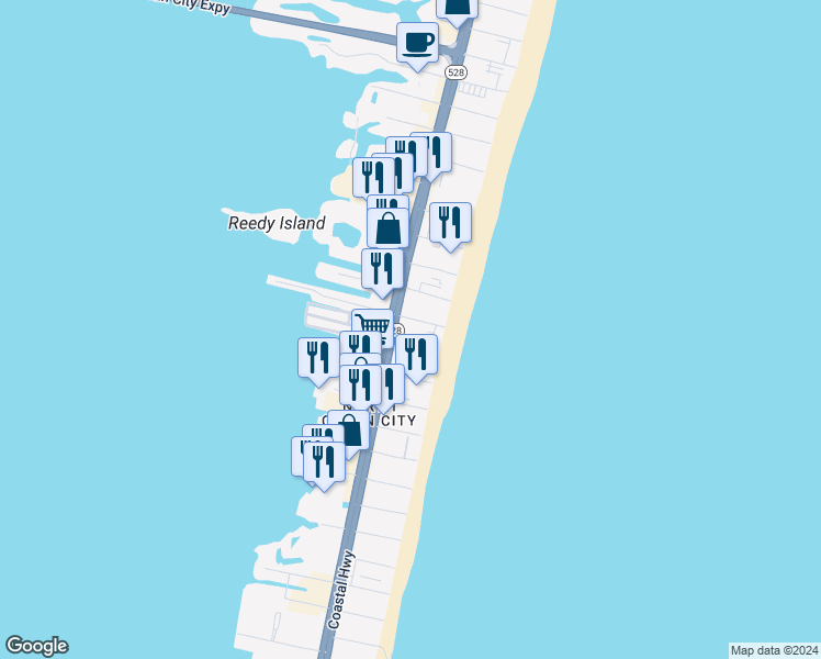 map of restaurants, bars, coffee shops, grocery stores, and more near 15 51st Street in Ocean City