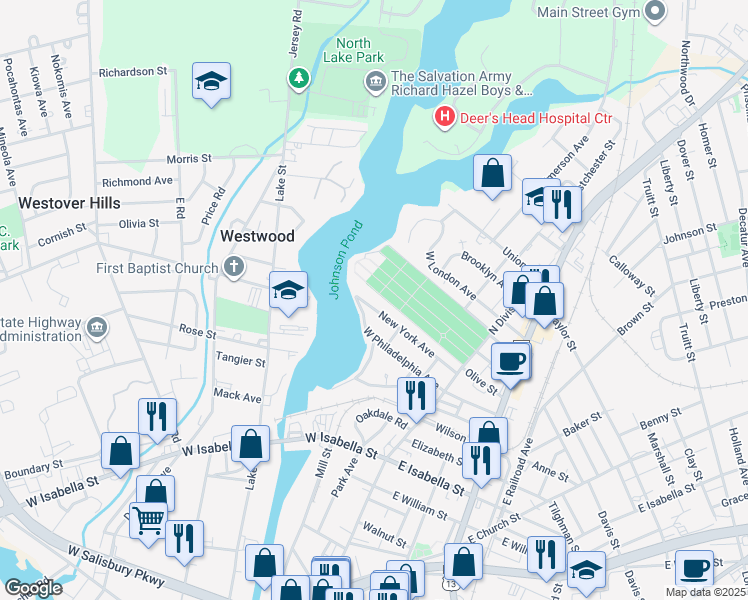 map of restaurants, bars, coffee shops, grocery stores, and more near 307 New York Avenue in Salisbury