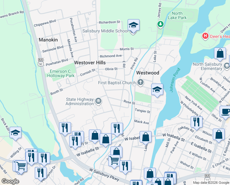 map of restaurants, bars, coffee shops, grocery stores, and more near 719 Rose Street in Salisbury