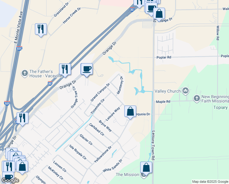 map of restaurants, bars, coffee shops, grocery stores, and more near 107 Sequoia Drive in Vacaville