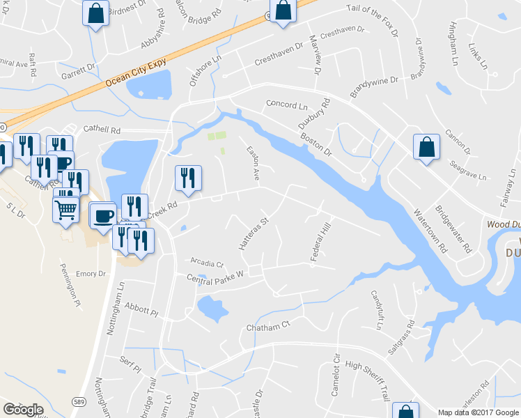 map of restaurants, bars, coffee shops, grocery stores, and more near 7 Brush Island Court in Ocean Pines