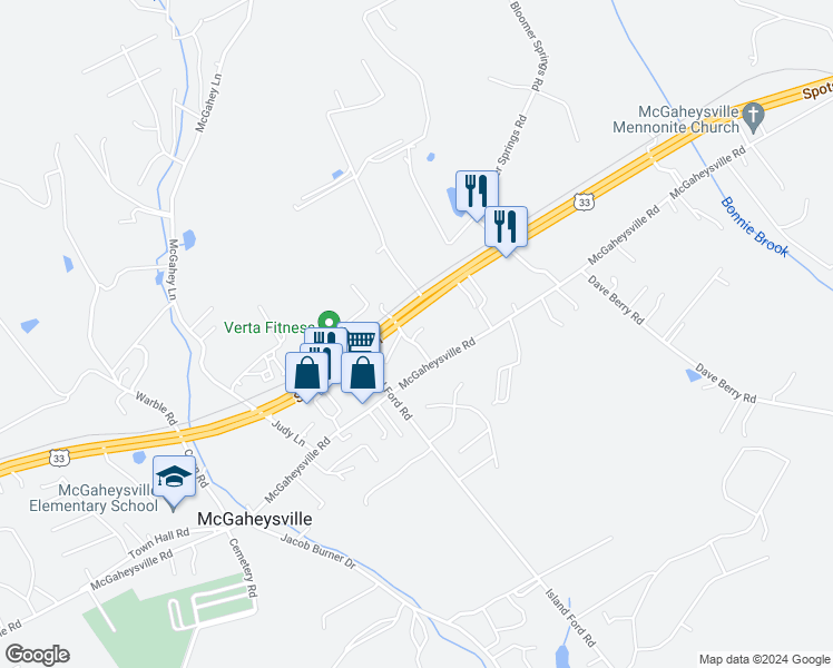 map of restaurants, bars, coffee shops, grocery stores, and more near in McGaheysville