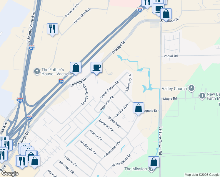 map of restaurants, bars, coffee shops, grocery stores, and more near 331 Grand Canyon Drive in Vacaville