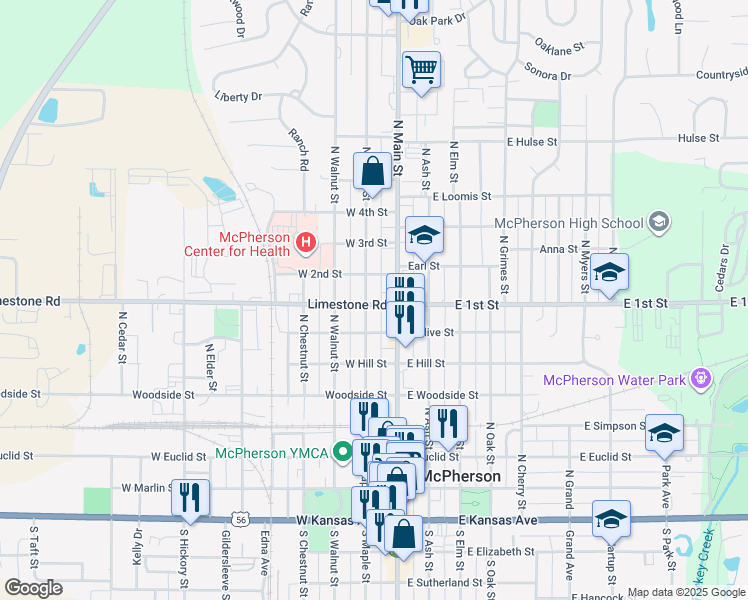 map of restaurants, bars, coffee shops, grocery stores, and more near 822 North Maple Street in McPherson