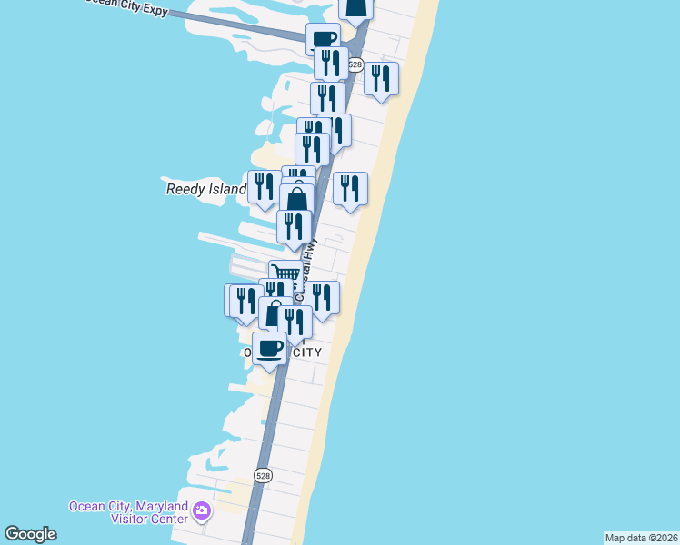 map of restaurants, bars, coffee shops, grocery stores, and more near 8 53rd Street in Ocean City