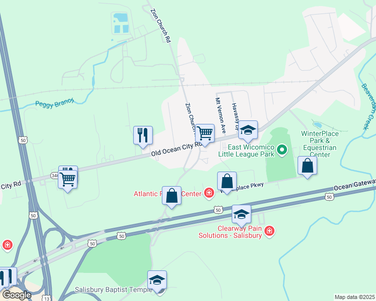 map of restaurants, bars, coffee shops, grocery stores, and more near 31373 Old Ocean City Road in Salisbury