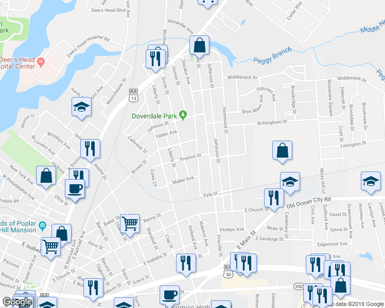 map of restaurants, bars, coffee shops, grocery stores, and more near 923 Preston Street in Salisbury