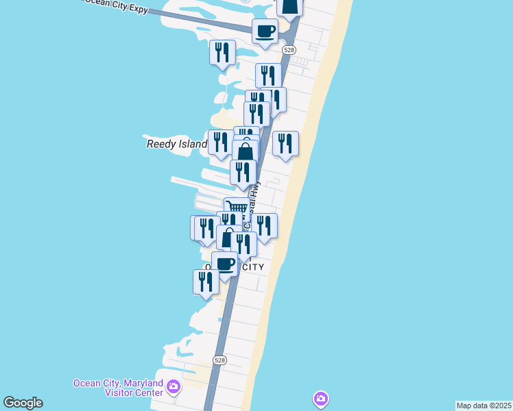 map of restaurants, bars, coffee shops, grocery stores, and more near 5301 Coastal Highway in Ocean City