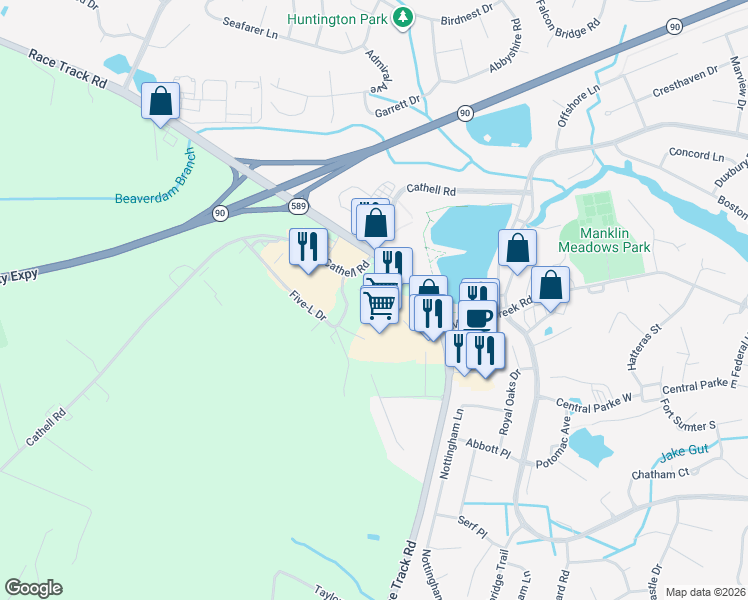 map of restaurants, bars, coffee shops, grocery stores, and more near 11092 Cathell Road in Berlin