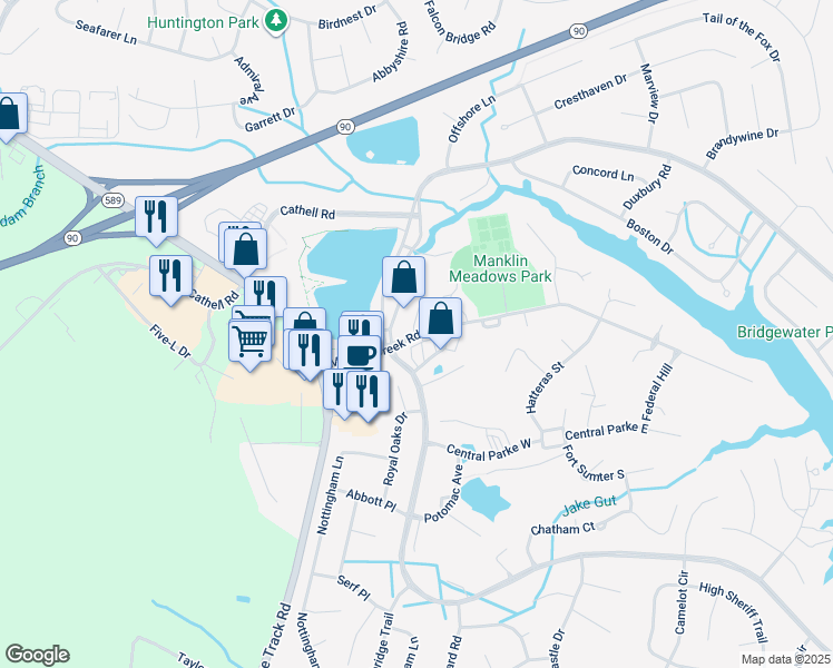 map of restaurants, bars, coffee shops, grocery stores, and more near 11007 Manklin Creek Road in Berlin