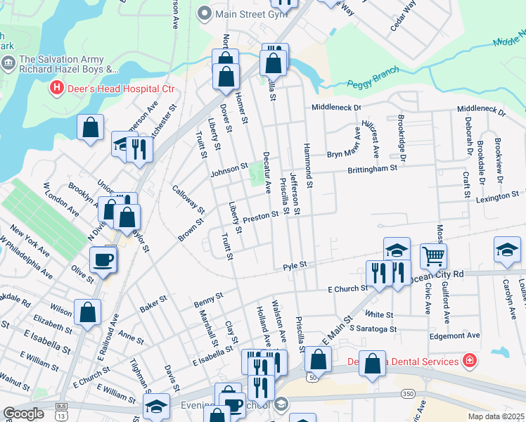 map of restaurants, bars, coffee shops, grocery stores, and more near 923 Preston Street in Salisbury