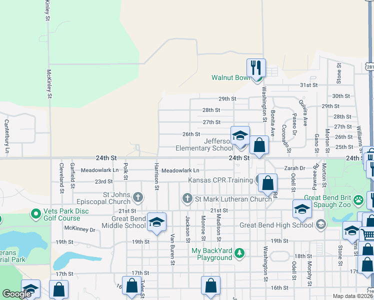 map of restaurants, bars, coffee shops, grocery stores, and more near 2511 Jackson Street in Great Bend