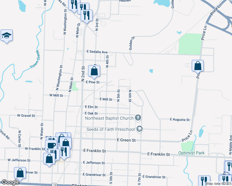 map of restaurants, bars, coffee shops, grocery stores, and more near 401-499 East Walnut Street in Clinton
