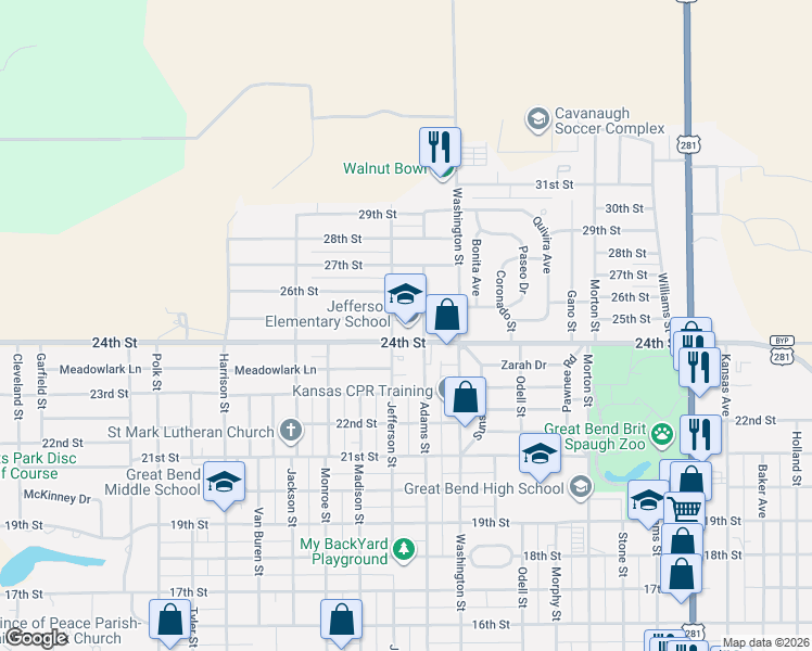 map of restaurants, bars, coffee shops, grocery stores, and more near 2501 Jefferson Street in Great Bend