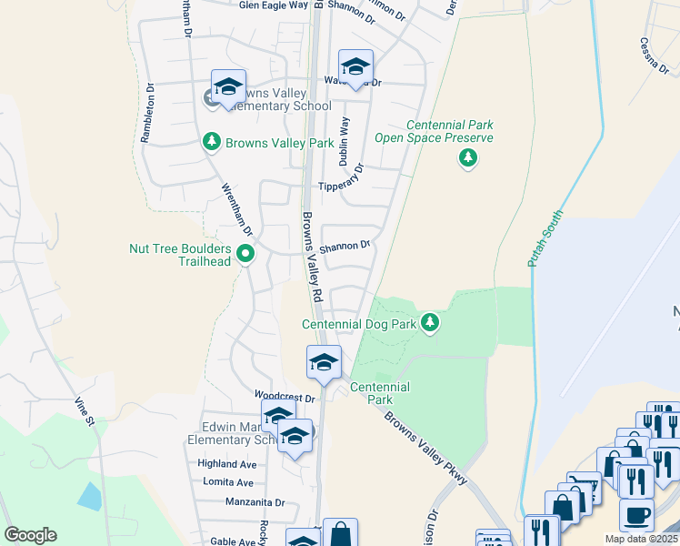 map of restaurants, bars, coffee shops, grocery stores, and more near 148 Suncrest Way in Vacaville