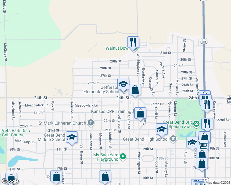 map of restaurants, bars, coffee shops, grocery stores, and more near 2818 25th Street in Great Bend