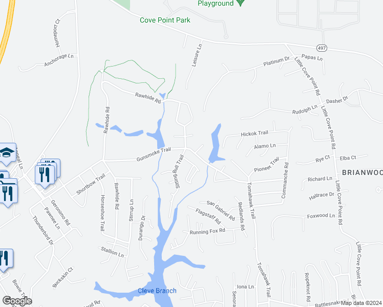 map of restaurants, bars, coffee shops, grocery stores, and more near 635 Gunsmoke Trail in Lusby