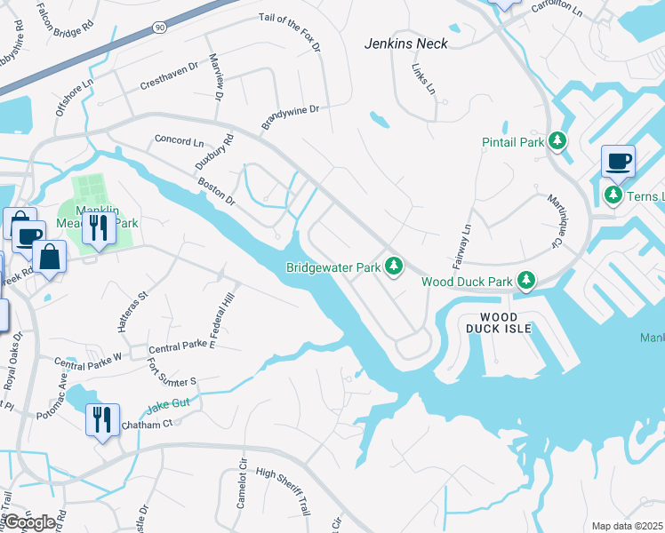 map of restaurants, bars, coffee shops, grocery stores, and more near 39 Watertown Road in Ocean Pines