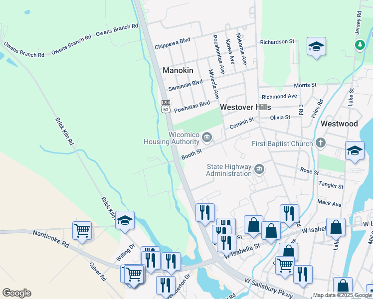 map of restaurants, bars, coffee shops, grocery stores, and more near 921 Booth Street in Salisbury