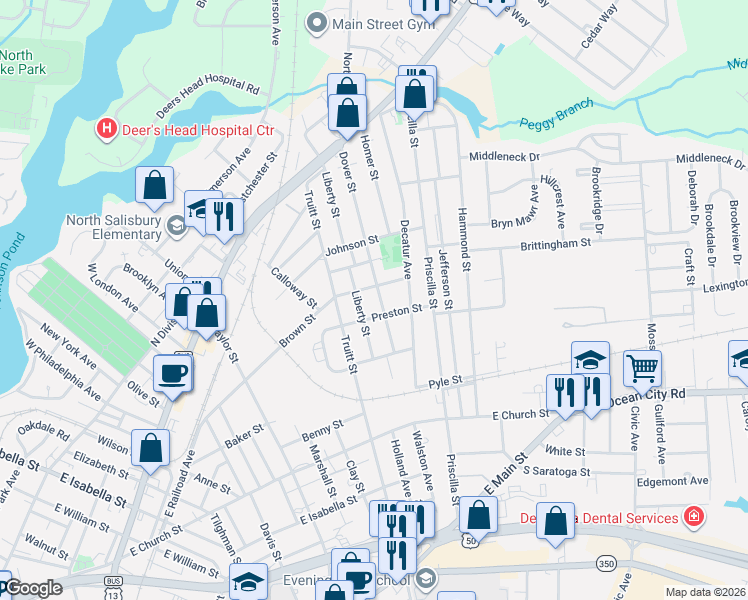 map of restaurants, bars, coffee shops, grocery stores, and more near 501 Liberty Street in Salisbury