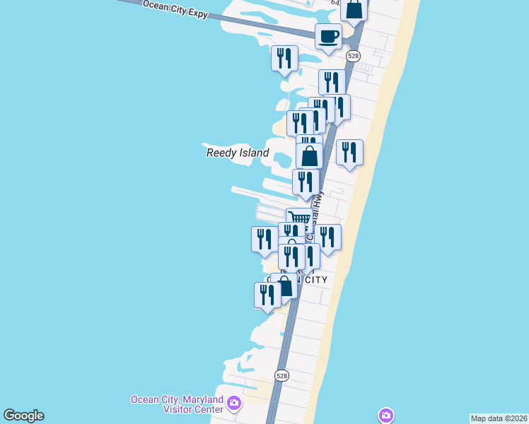 map of restaurants, bars, coffee shops, grocery stores, and more near 42 Middle Way Drive in Ocean City