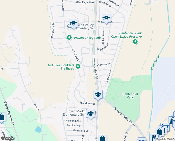 map of restaurants, bars, coffee shops, grocery stores, and more near 112 Amberwood Court in Vacaville