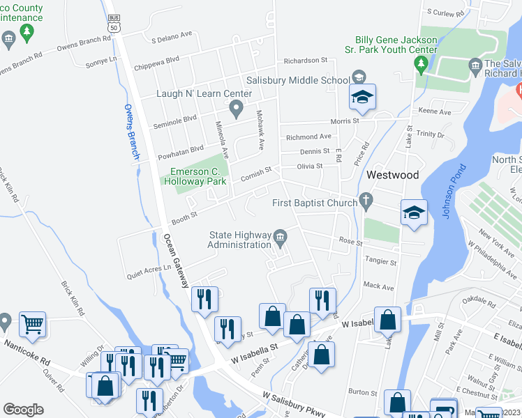 map of restaurants, bars, coffee shops, grocery stores, and more near 800 Booth Street in Salisbury