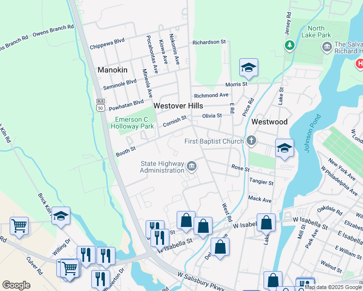map of restaurants, bars, coffee shops, grocery stores, and more near 800 Booth Street in Salisbury