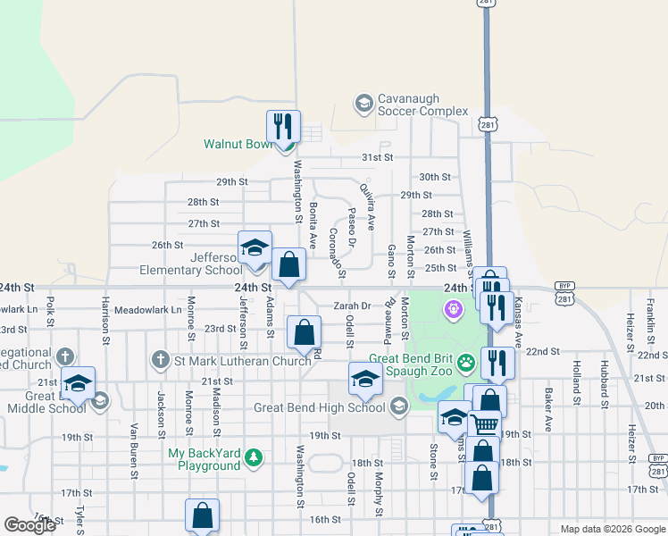 map of restaurants, bars, coffee shops, grocery stores, and more near 2614 Paseo Drive in Great Bend