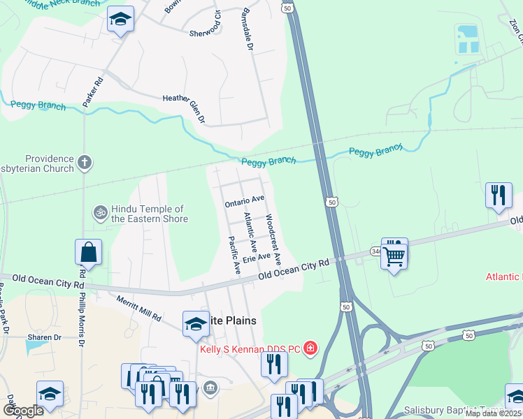 map of restaurants, bars, coffee shops, grocery stores, and more near 407 Woodcrest Avenue in Salisbury