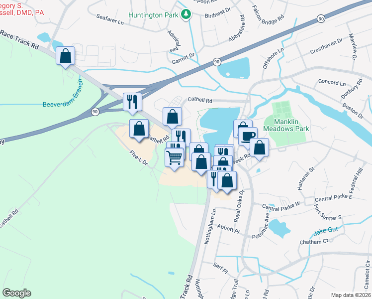 map of restaurants, bars, coffee shops, grocery stores, and more near 11041 Racetrack Road in Ocean Pines