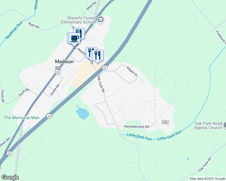 map of restaurants, bars, coffee shops, grocery stores, and more near 121 Oak Park Road in Madison