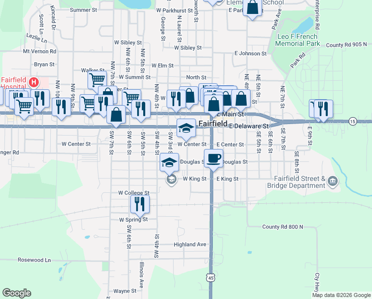 map of restaurants, bars, coffee shops, grocery stores, and more near 301-399 SW 2nd St in Fairfield