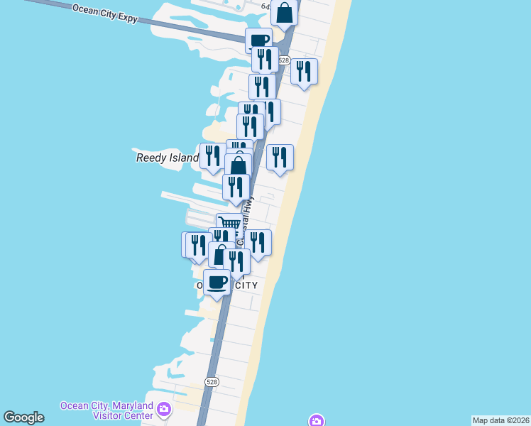 map of restaurants, bars, coffee shops, grocery stores, and more near 301 53rd Street in Ocean City