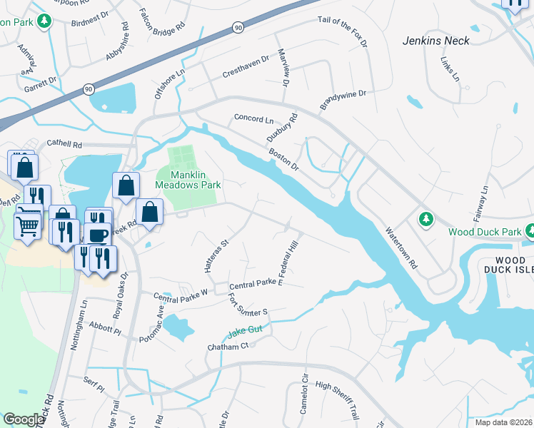map of restaurants, bars, coffee shops, grocery stores, and more near 21 Cape May Place in Ocean Pines